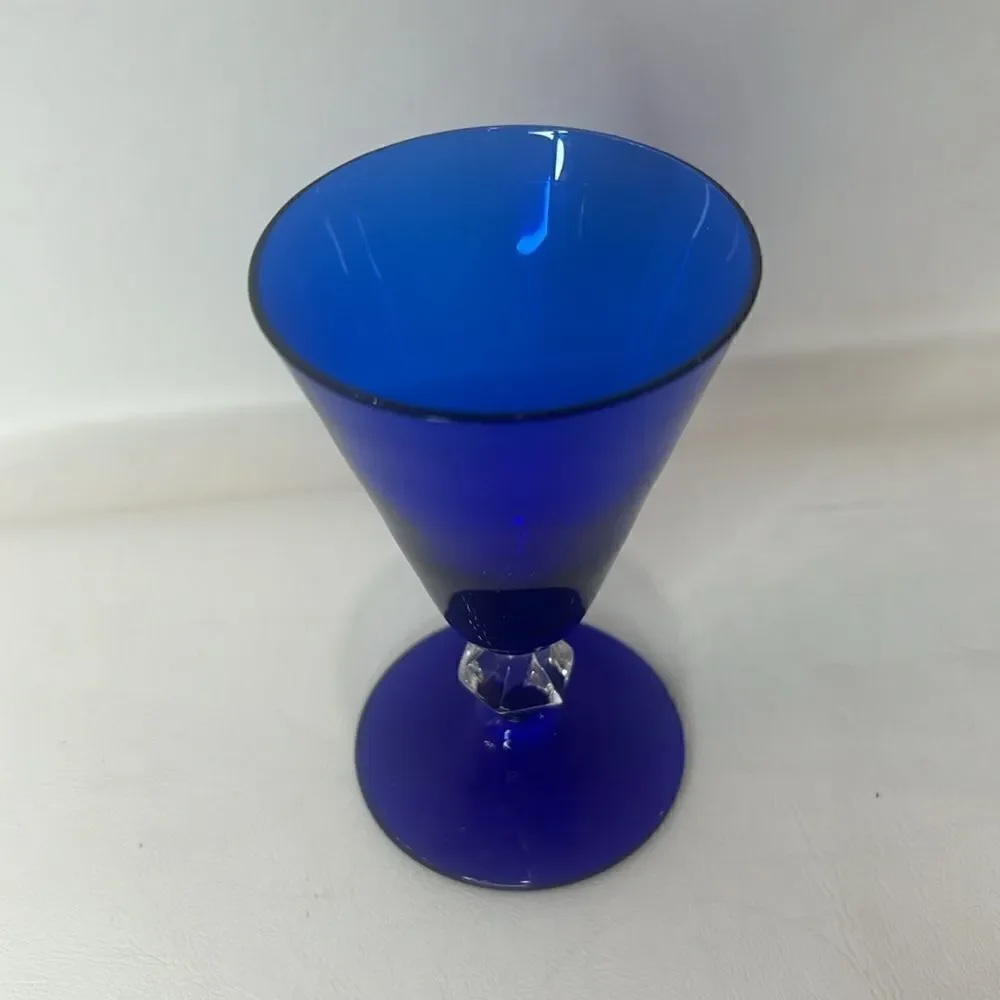 Cobalt Blue Glass Cordial Champagne Glass Diamond Stem 4 Oz Vintage Art Deco